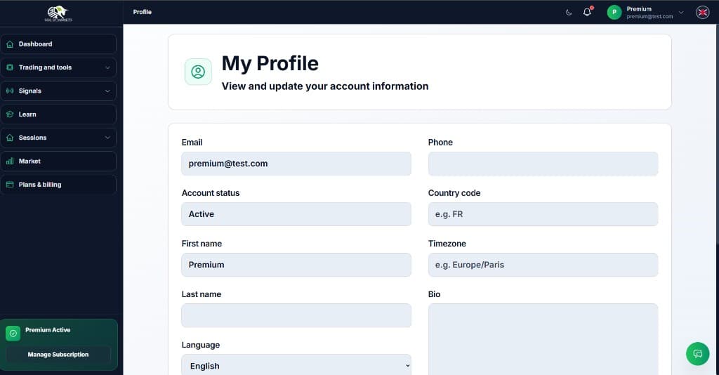 User profile & account settings