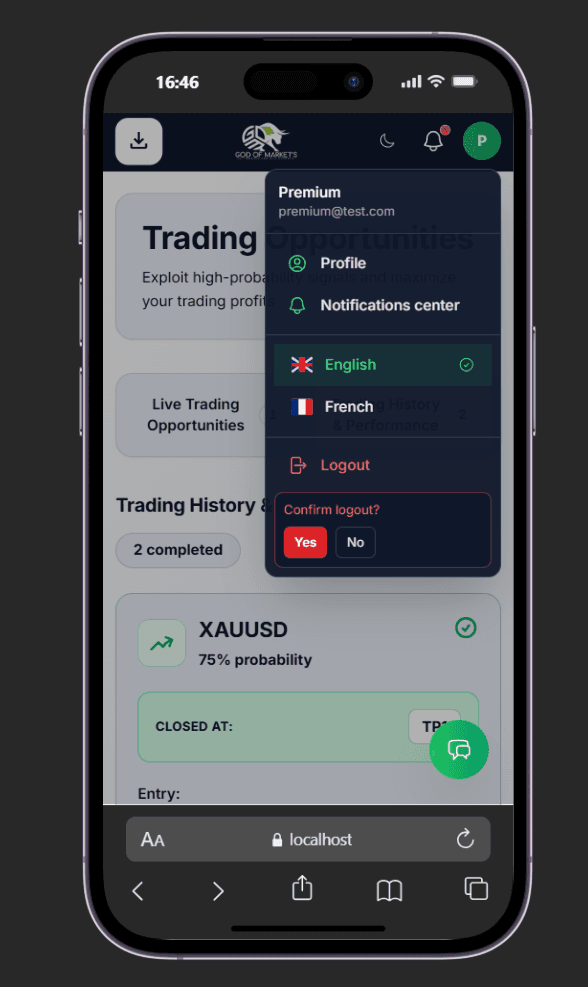 Account menu & i18n (mobile)